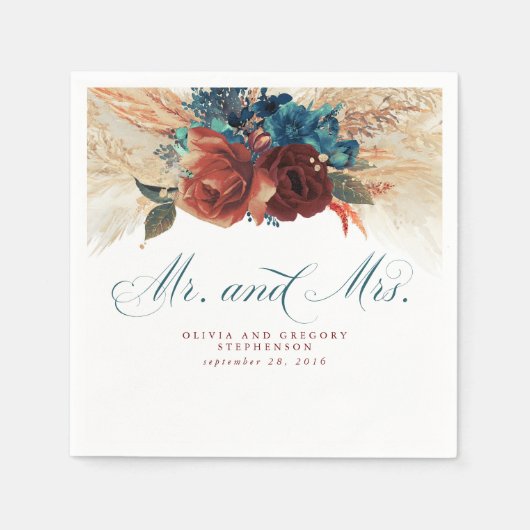 Blauwgroen blauw Terracotta Floral Pampas Grass We Servet (Voorkant)