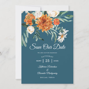 Blauwgroen blauw terracotta herfst bloemenfoto bru save the date