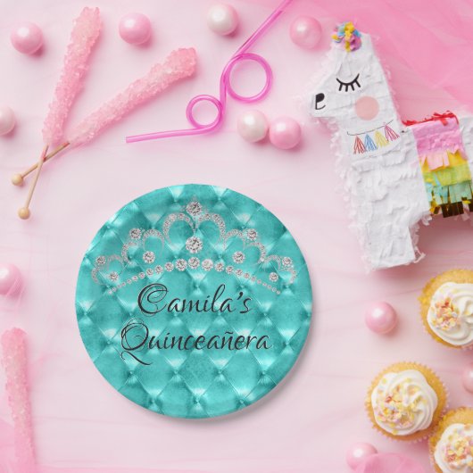 Blauwgroen blauw Tiara Quinceañera feest Papieren Bordje (Feest)