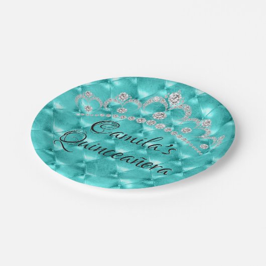 Blauwgroen blauw Tiara Quinceañera feest Papieren Bordje (Gekanteld)