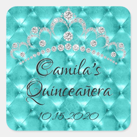 Blauwgroen blauw Tiara Quinceañera feest Vierkante Sticker (Voorkant)