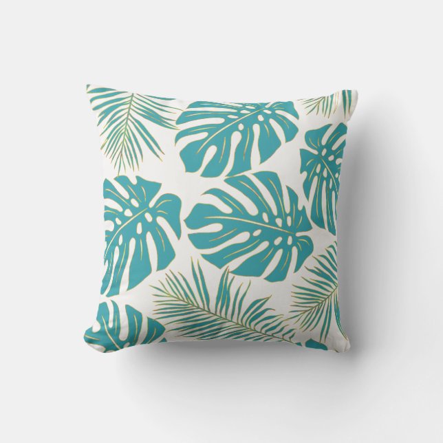Blauwgroen blauw tropisch monstera bladeren patroo buitenkussen (Voorkant)