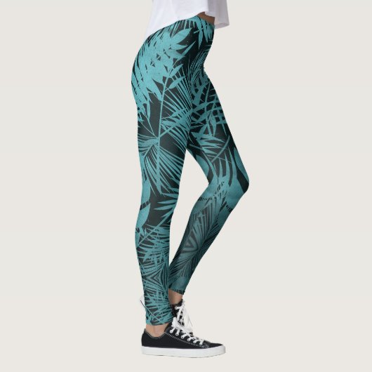 Blauwgroen blauw tropisch palmblad botanisch patro leggings (Rechts)