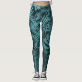 Blauwgroen blauw tropisch palmblad botanisch patro leggings (Voorkant)