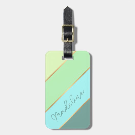 Blauwgroen Blauw Turquoise Mint Groen Streeppatroo Bagagelabel (Voorkant verticaal)