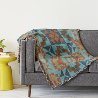Blauwgroen blauw Turquoise Rust Oranje Bruin Triba Deken