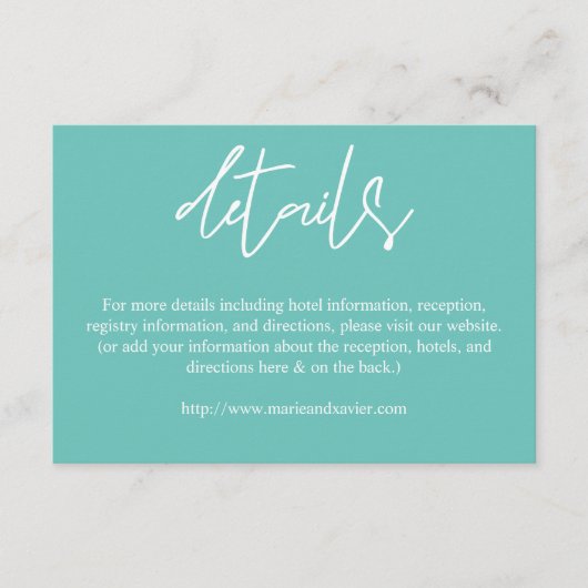 Blauwgroen blauw Typografie-script - Gegevens Informatiekaartje (Voorkant)