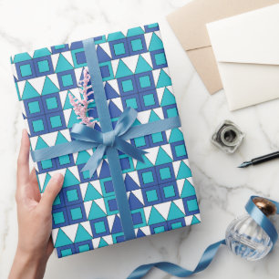 Blauwgroen blauw vierkant driehoek geometrisch cadeaupapier