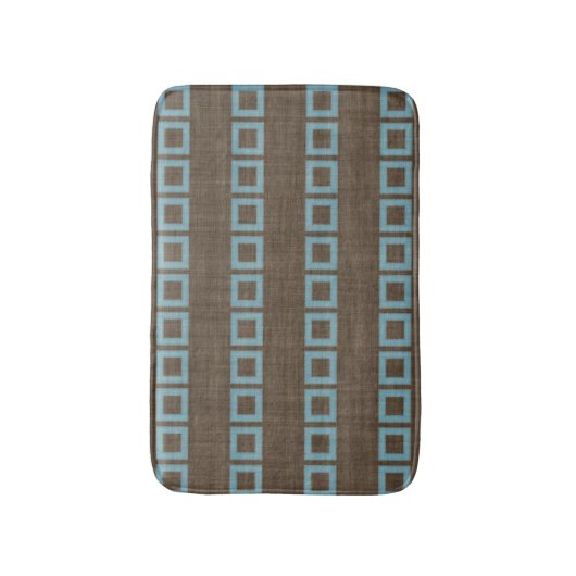 Blauwgroen blauw vierkant patroon op donkerbruin k badmat (Voorkant Verticaal)