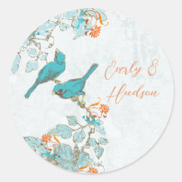 Blauwgroen Blauw Vogel Terracotta Koraal Bruiloft Ronde Sticker