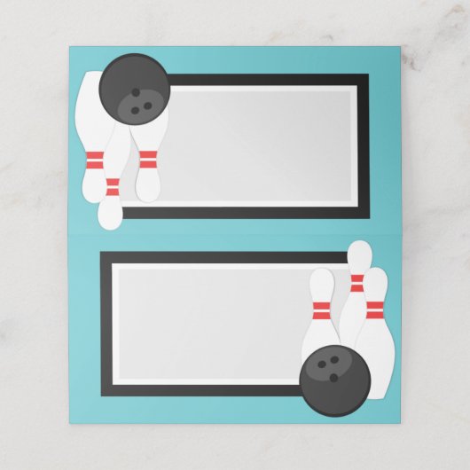 Blauwgroen blauw vouwend bowlingetiket of plaatska plaatskaartje (Buitenkant ongevouwen)