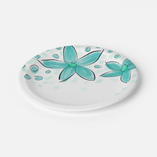 Blauwgroen blauw Waterverf bloemmotief Papieren Bordje (Gekanteld)