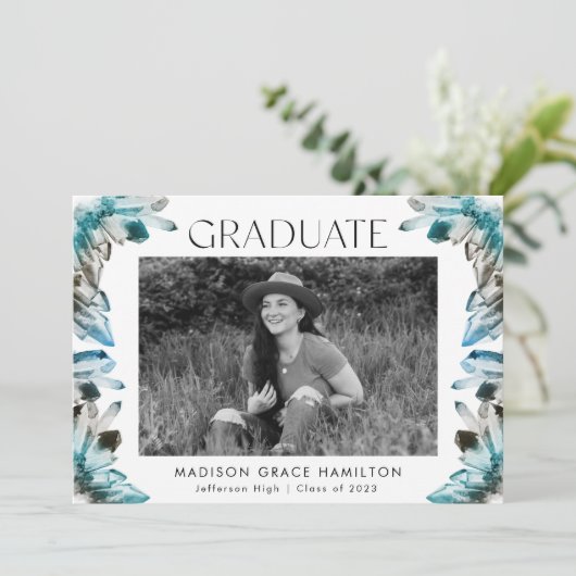 Blauwgroen blauw Waterverf Crystal Photo Afstudere Aankondiging (Staand voorkant)