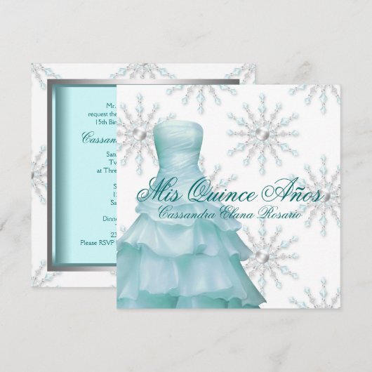 Blauwgroen Blauw Winterwonderland Quinceanera Kaart (Voorkant / Achterkant)