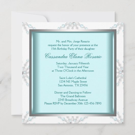 Blauwgroen Blauw Winterwonderland Quinceanera Kaart (Achterkant)