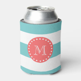 Blauwgroen blauw wit bandpatroon, koraal monogram blikjeskoeler