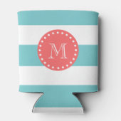 Blauwgroen blauw wit bandpatroon, koraal monogram blikjeskoeler (Achterkant)