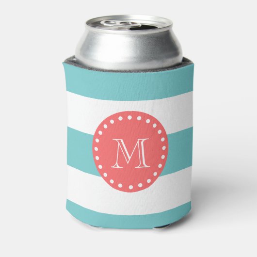 Blauwgroen blauw wit bandpatroon, koraal monogram blikjeskoeler (Blikje Achterkant)