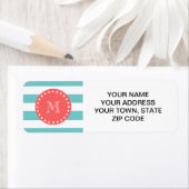 Blauwgroen blauw wit bandpatroon, koraal monogram etiket (Insitu)