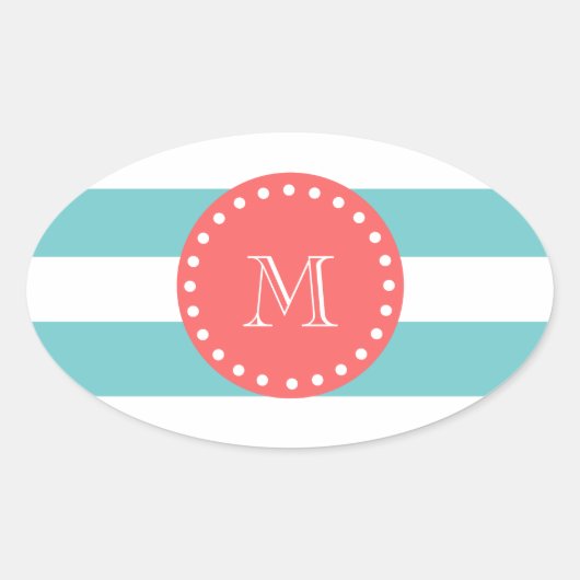 Blauwgroen blauw wit bandpatroon, koraal monogram ovale sticker (Voorkant)