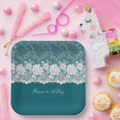 Blauwgroen Blauw Wit Bloemen Lace Wedding Papieren Bordje (Feest)