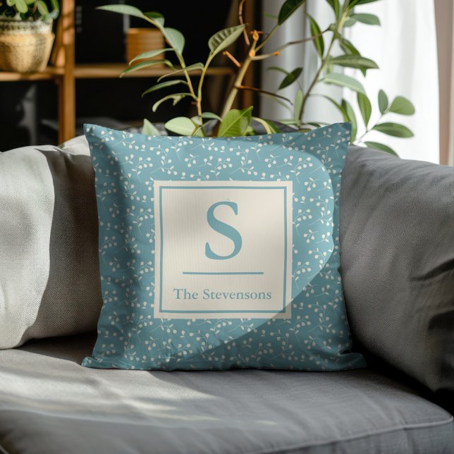  Blauwgroen Blauw Wit Botanisch Monogram Custom Kussen (Creator heeft geüpload)