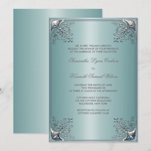Blauwgroen Blauw Wit Bruiloft Uitnodigingen (Voorkant / Achterkant)