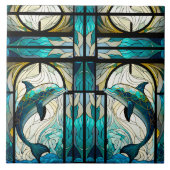 Blauwgroen Blauw Wit Dolfijn Faux Mozaïek Glas in Tegeltje (Voorkant)