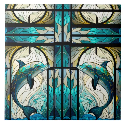 Blauwgroen Blauw Wit Dolfijn Faux Mozaïek Glas in Tegeltje (Voorkant)