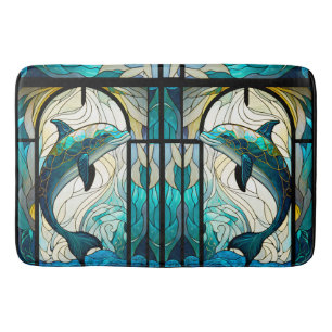 Blauwgroen Blauw Wit Dolfijn Look van Glas in lood Badmat