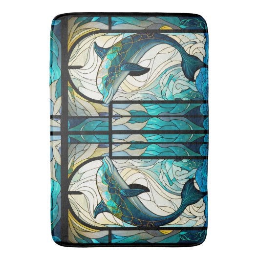 Blauwgroen Blauw Wit Dolfijn Look van Glas in lood Badmat (Voorkant Verticaal)