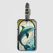 Blauwgroen Blauw Wit Dolfijn Look van Glas in lood Bagagelabel (Voorkant (verticaal))