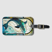 Blauwgroen Blauw Wit Dolfijn Look van Glas in lood Bagagelabel (Voorkant (horizontaal))