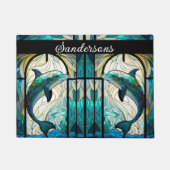 Blauwgroen Blauw Wit Dolfijn Look van Glas in lood Deurmat (Voorkant)