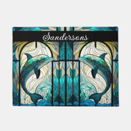 Blauwgroen Blauw Wit Dolfijn Look van Glas in lood Deurmat