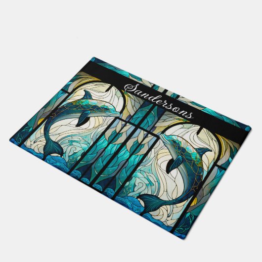 Blauwgroen Blauw Wit Dolfijn Look van Glas in lood Deurmat (Schuin)