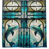 Blauwgroen Blauw Wit Dolfijn Look van Glas in lood Douchegordijn (Voorkant)