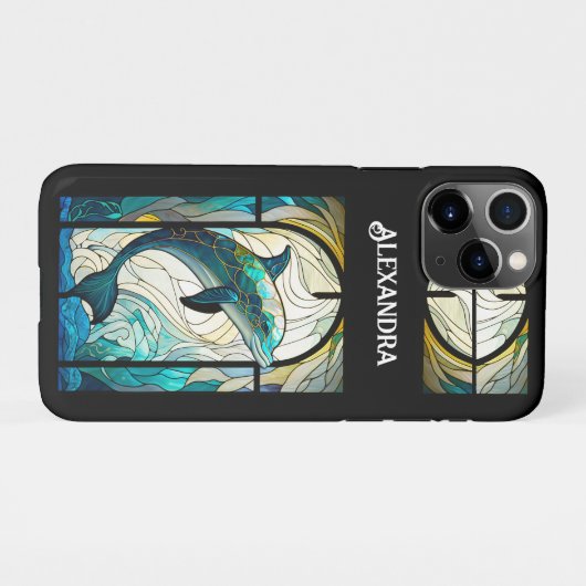 Blauwgroen Blauw Wit Dolfijn Look van Glas in lood iPhone Hoesje (Achterkant horizontaal)