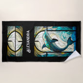 Blauwgroen Blauw Wit Dolfijn Look van Glas in lood Strandlaken (Voorkant)