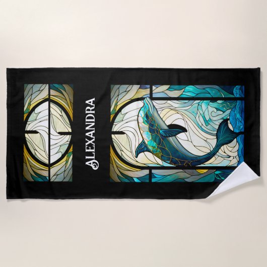 Blauwgroen Blauw Wit Dolfijn Look van Glas in lood Strandlaken (Voorkant)