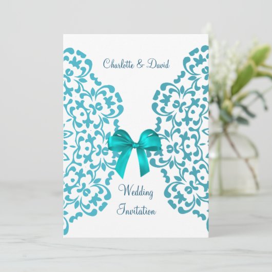 Blauwgroen Blauw Wit Elegante Classy Lace Wedding Kaart (Staand voorkant)