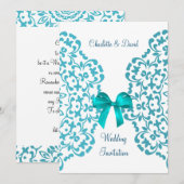Blauwgroen Blauw Wit Elegante Classy Lace Wedding Kaart (Voorkant / Achterkant)