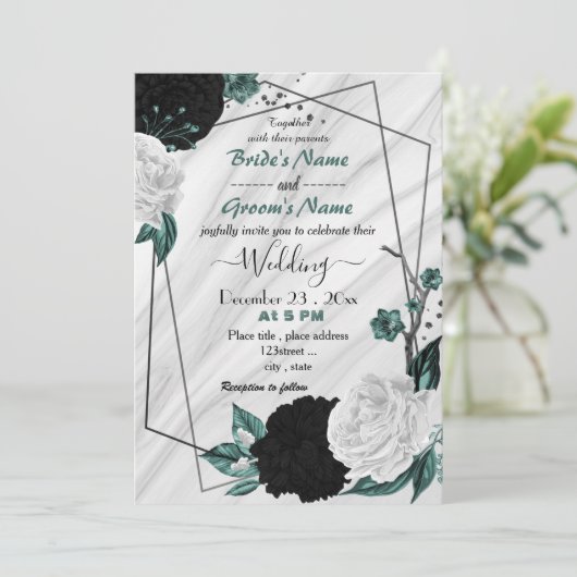 blauwgroen blauw wit en zwart bloemmondig geometri kaart (Staand voorkant)