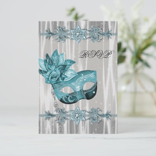 Blauwgroen Blauw Wit Masquerade Party RSVP (Staand voorkant)