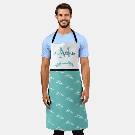 Blauwgroen blauw wit monogram Naam Lobster Patroon Schort (Gedragen)