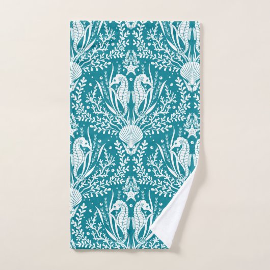 Blauwgroen blauw wit patroon van de kustzone Damas Bad Handdoek (Handdoek)