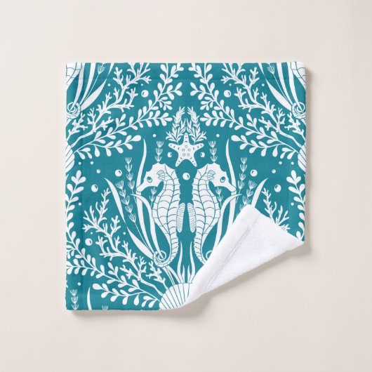 Blauwgroen blauw wit patroon van de kustzone Damas Bad Handdoek (Wasdoekje)