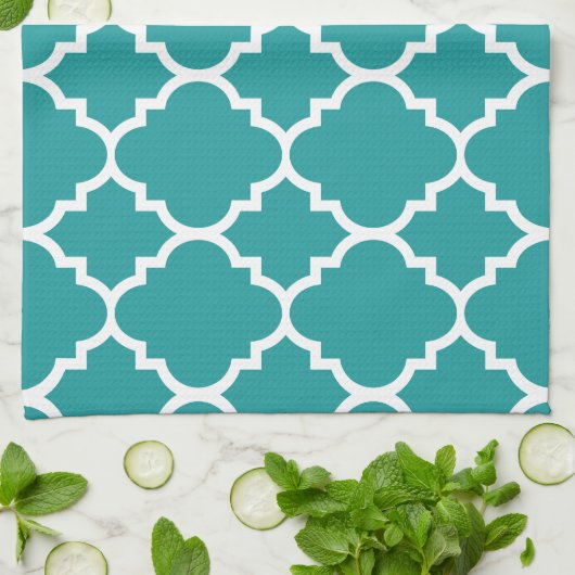 Blauwgroen blauw wit Quatrefoil Marokkaans patroon Theedoek (Gevouwen)