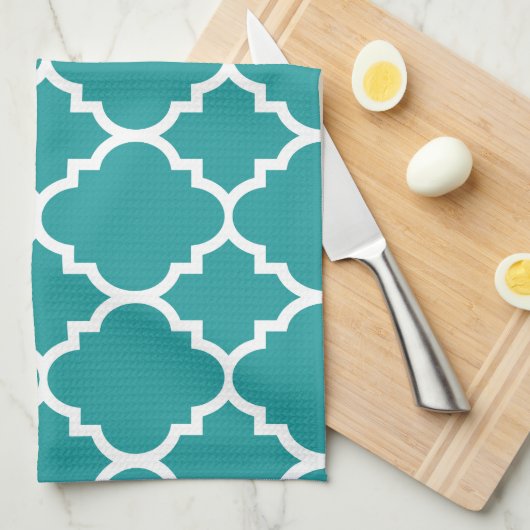 Blauwgroen blauw wit Quatrefoil Marokkaans patroon Theedoek (Quarter Fold)