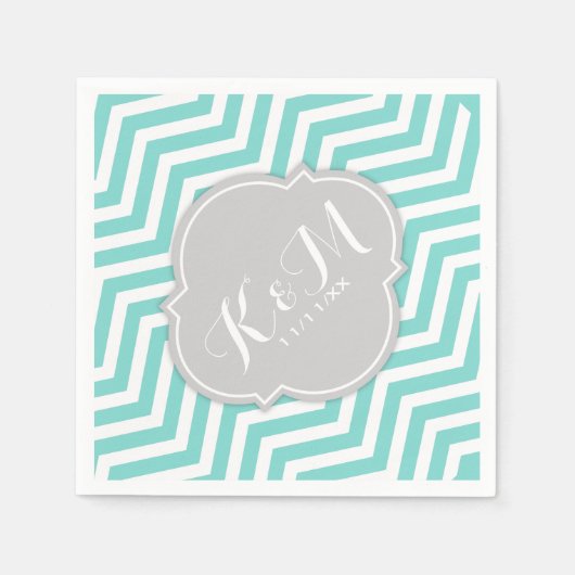 Blauwgroen blauw-witte Chevron met Monogram Servet (Voorkant)